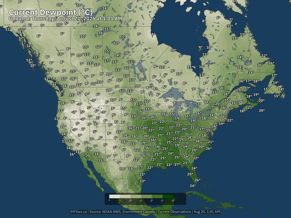 Current North America Dewpoints °C
