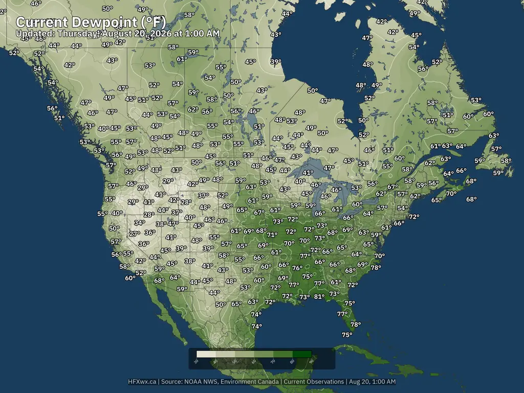 Current North America Dewpoints °F