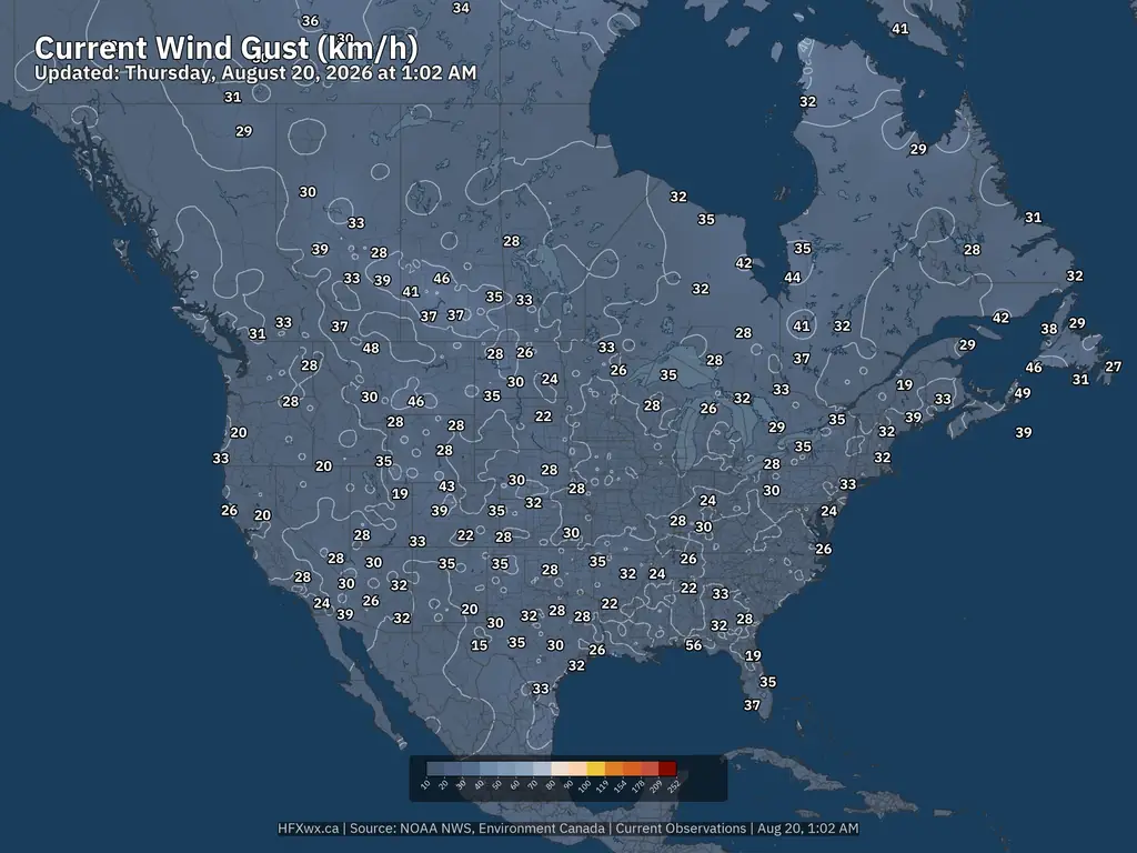 Current North America Wind Gust kmh