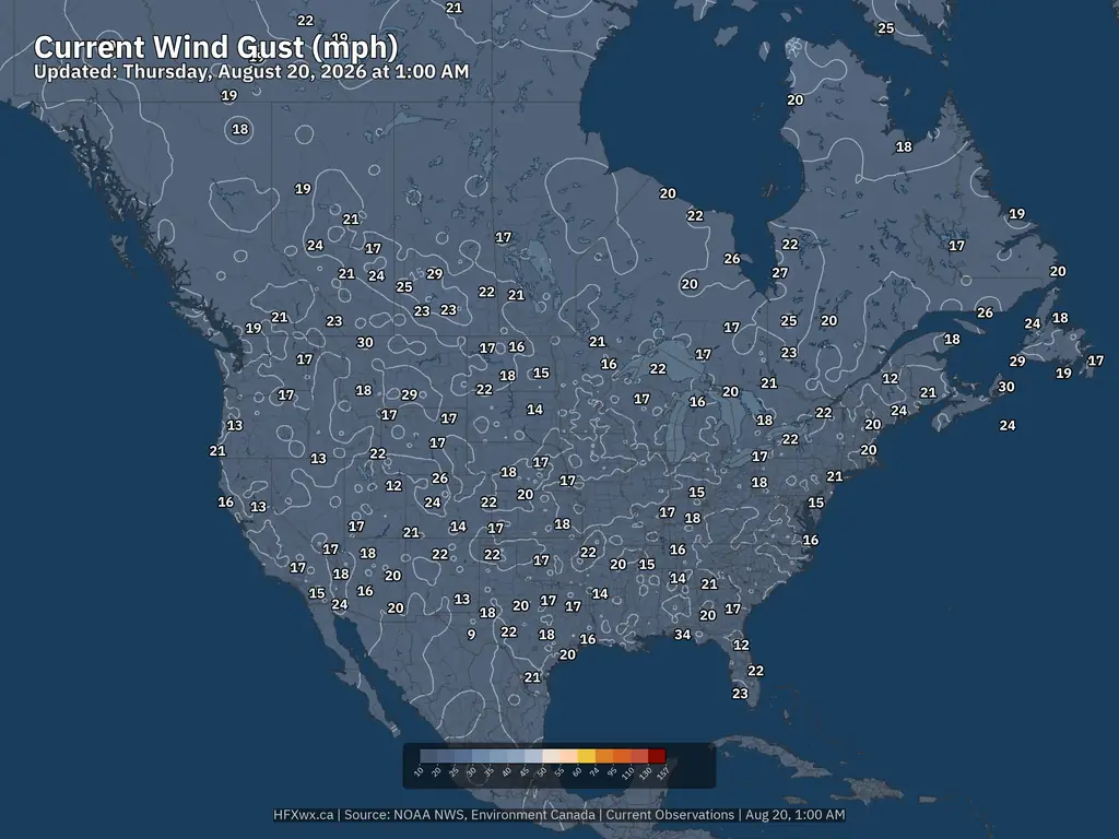 Current North America Wind Gust mph