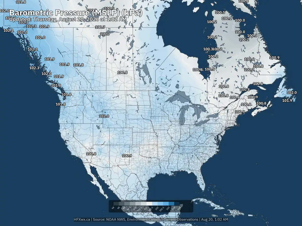 Current Highest and Lowest North America Barometric Pressure kpa