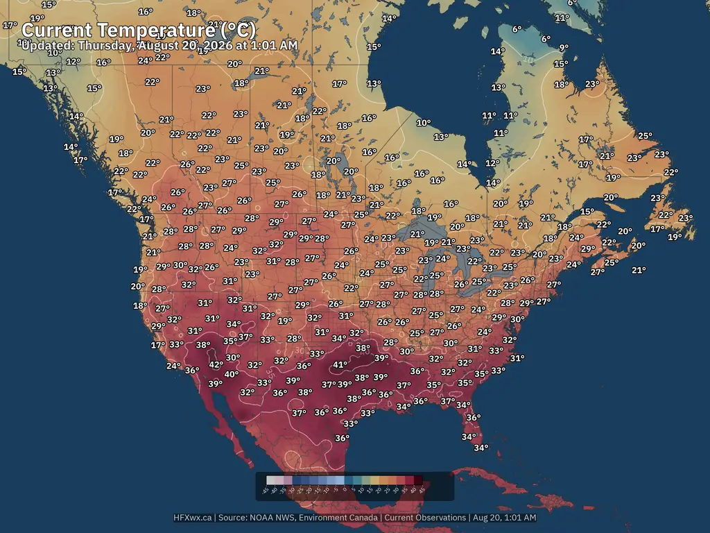 Current North America Temperatures °C