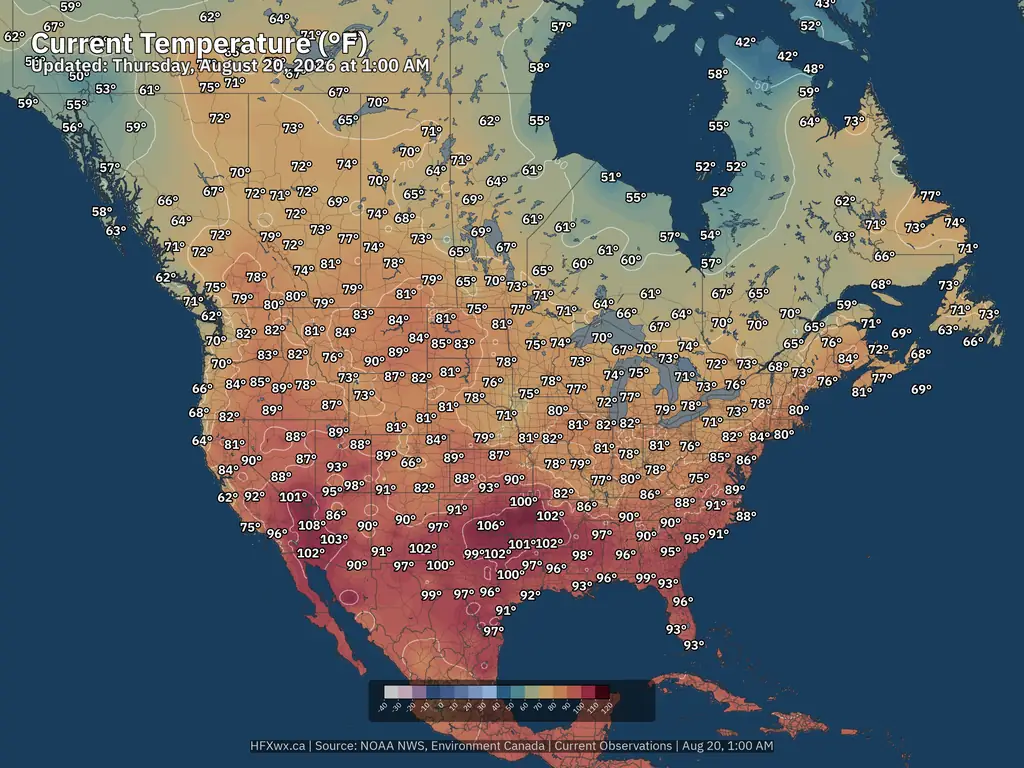 Current North America Temperatures °F