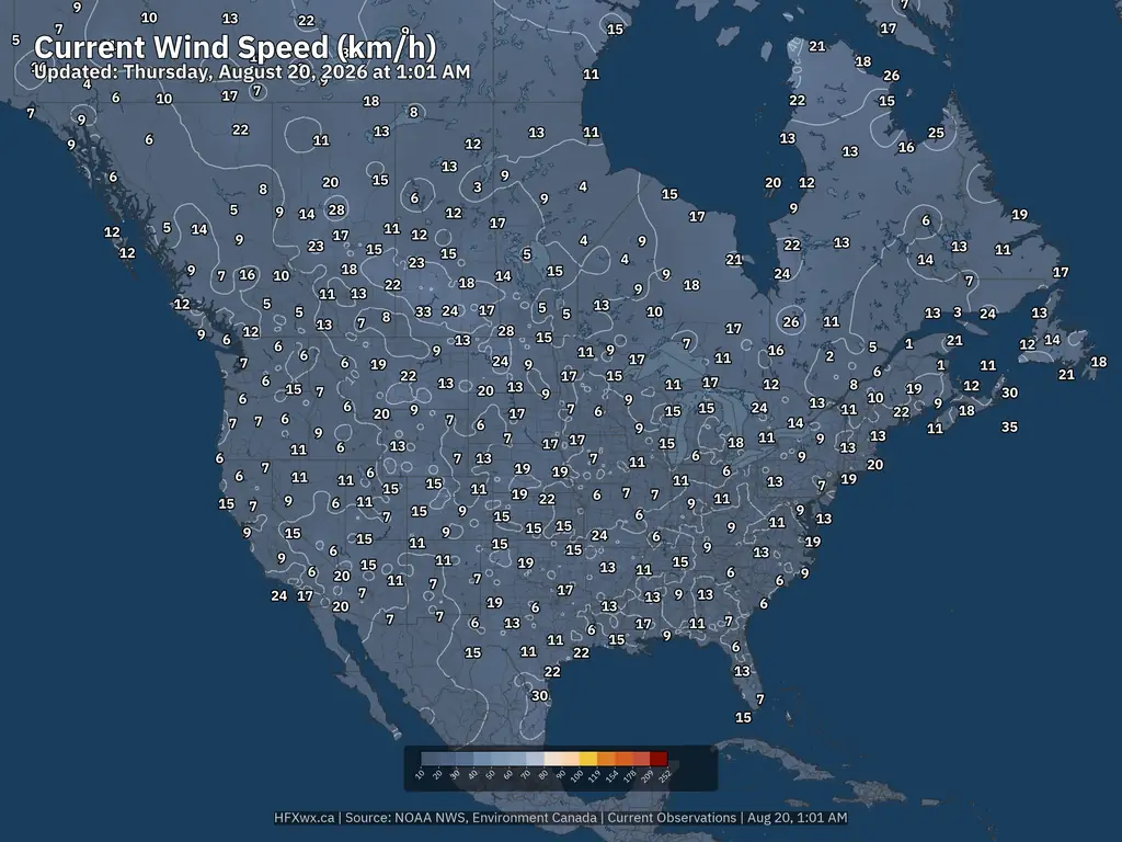 Current North America Wind Speed kmh