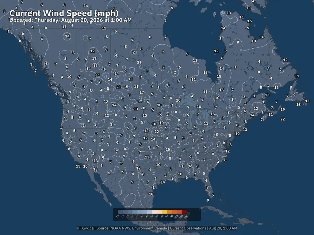 Current North America Wind Speed mph
