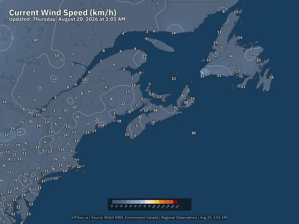 Current Northeast Wind Speeds kmh